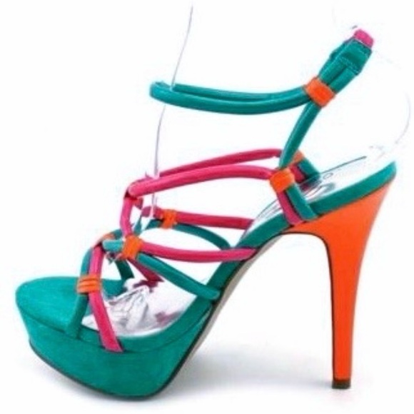 FERGIE  TURQUOISE PLATFORM  STRAPPY  ORANGE HEELS —  SIZE 9 - Picture 1 of 17